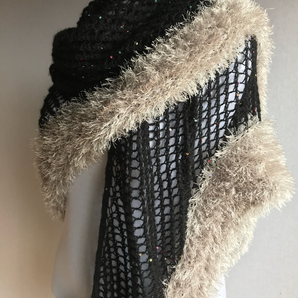 New Hand Knitted Shawl with Fur trim and sequins. Long scarf, Wrap.Gift for Her - Picture 8 of 16